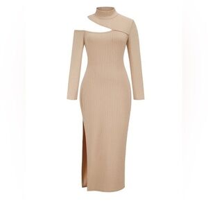 Ladies Sexy Open Show Slit Dress Turtleneck Strip Long Skirt
